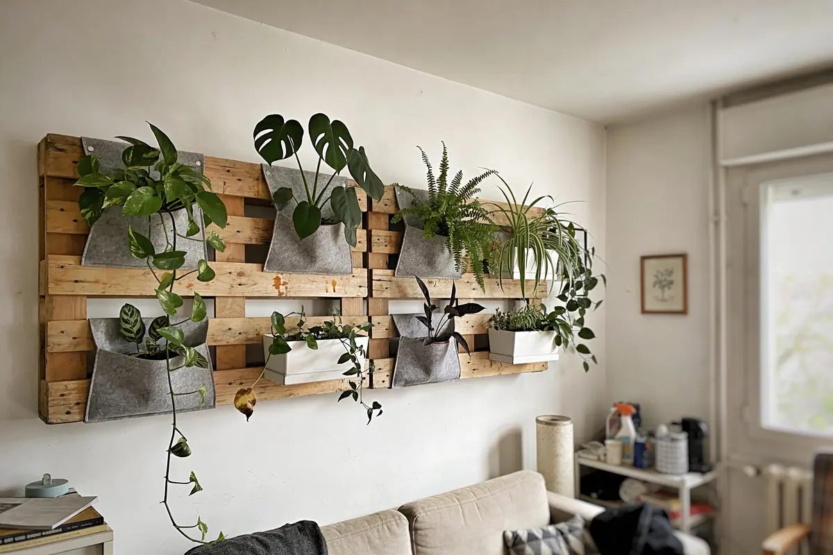 Mur végétal intérieur avec des plantes suspendues sur des palettes en bois dans un salon moderne.
