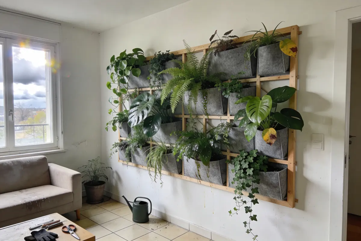 Mur végétal intérieur avec des plantes vertes, arrosoir, fenêtre, canapé et table avec outils de jardinage.
