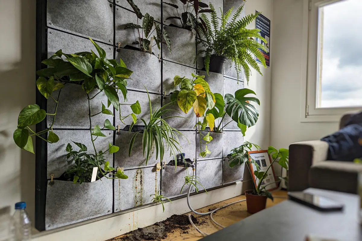 Mur végétal intérieur en palettes, avec plantes en pochettes grises, arrosoir et outils de jardinage au premier plan.