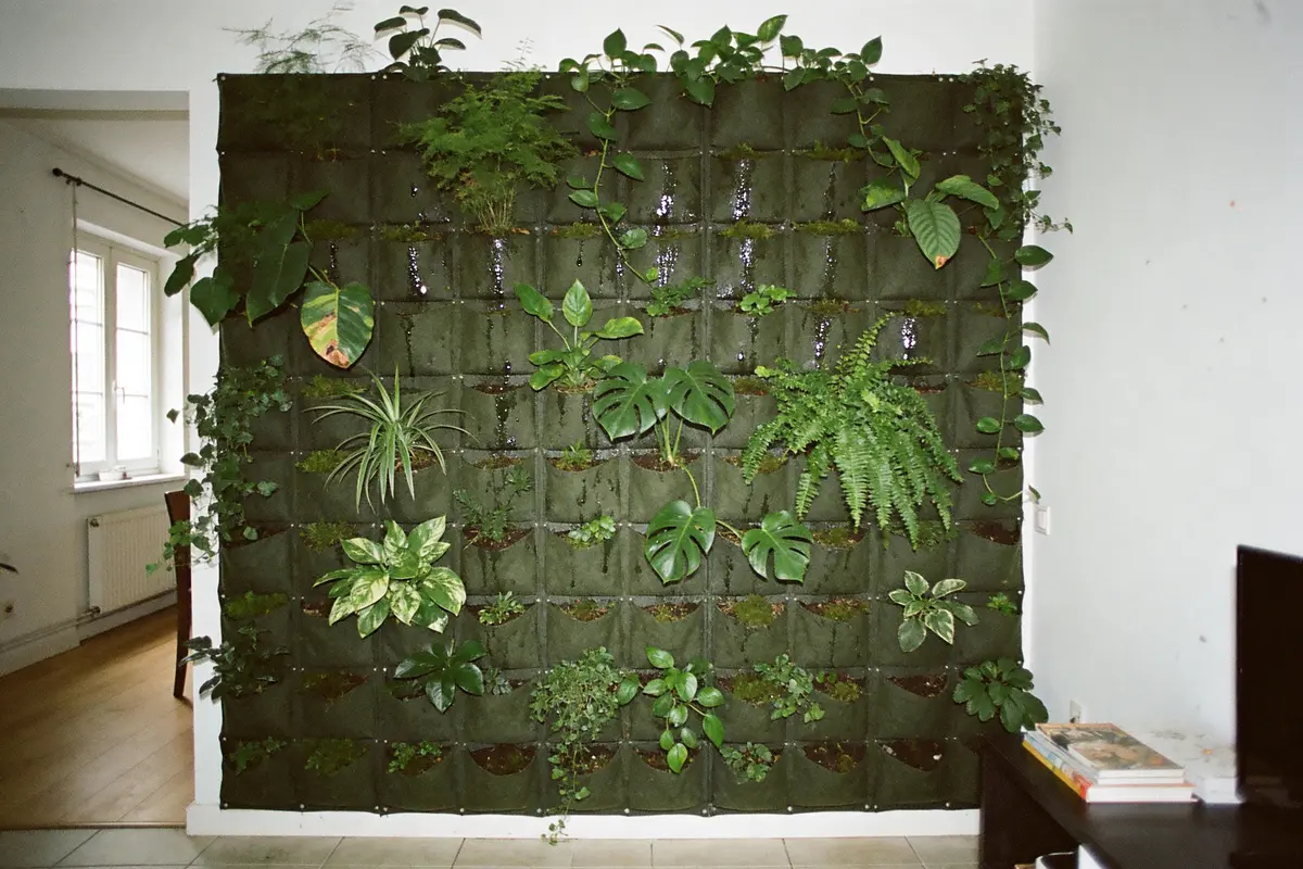 Mur végétal avec plantes suspendues, étagères en bois, arrosoir vert et seau argenté, dans une pièce lumineuse.