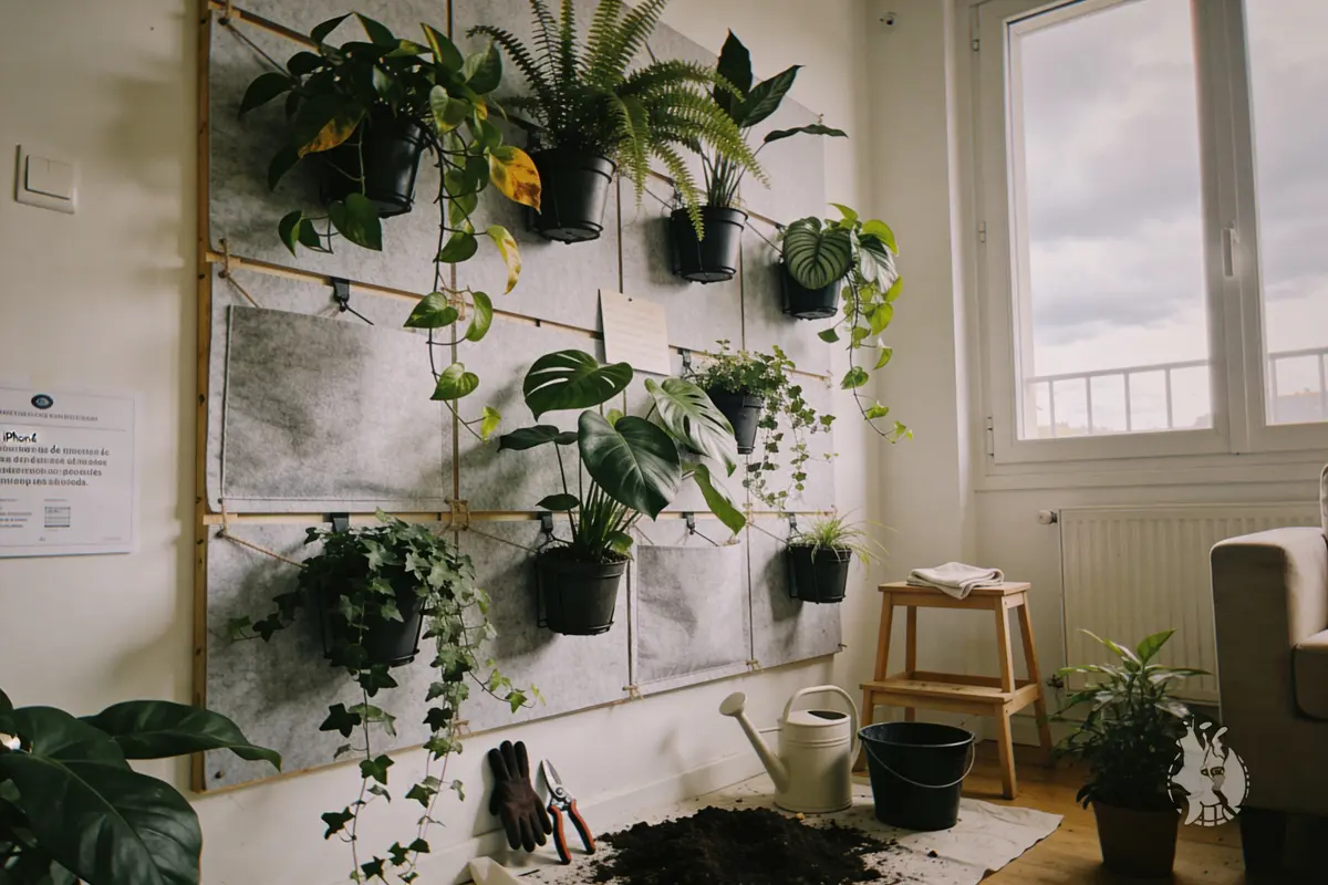 Mur végétal intérieur avec plantes vertes, outils de jardinage, arrosoir et table basse dans un salon lumineux.